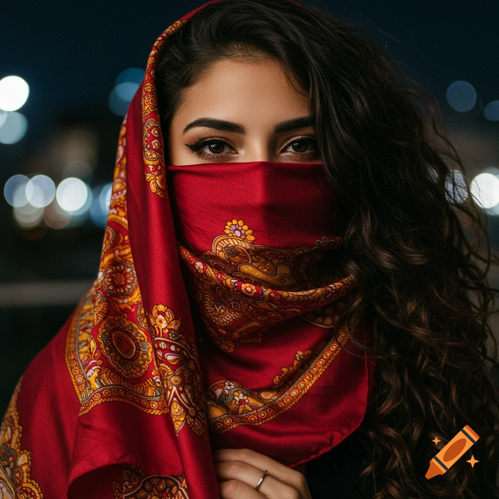 Close-up portrait of a woman with a red patterned scarf covering her face, showing only her eyes. Photorealistic style.