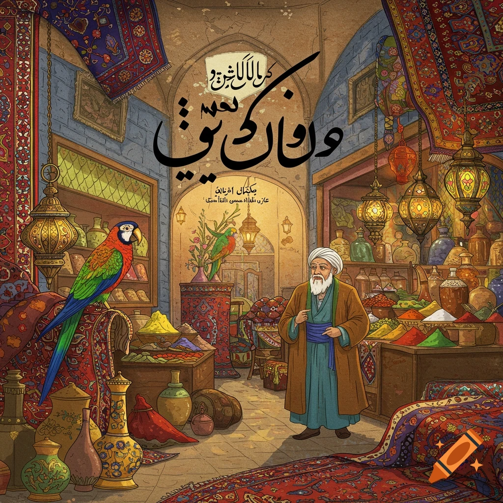 Traditional Iranian illustration: Shopkeeper and parrot in a vibrant bazaar with rugs, spices, lanterns. Calligraphy title.