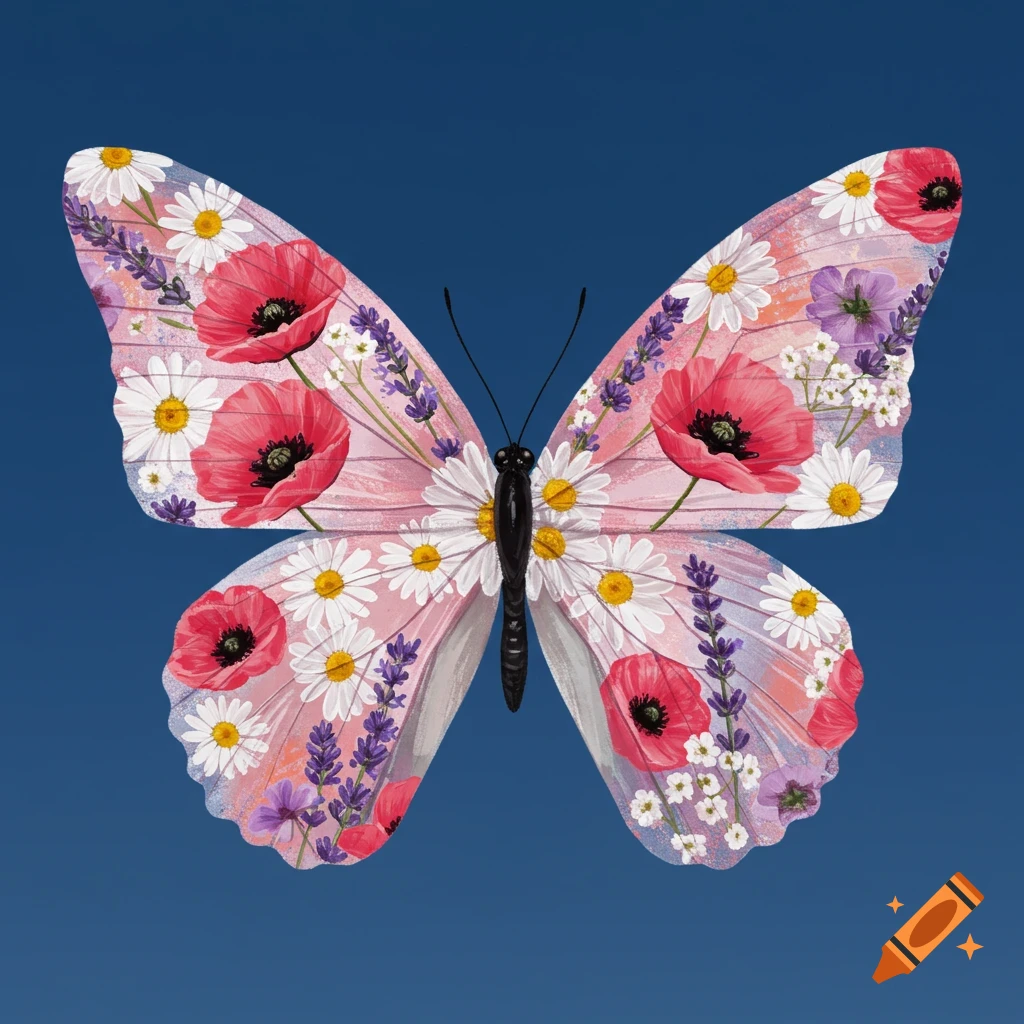A butterfly with wings filled with poppies, daisies, lavender, and white flowers on a blue background.