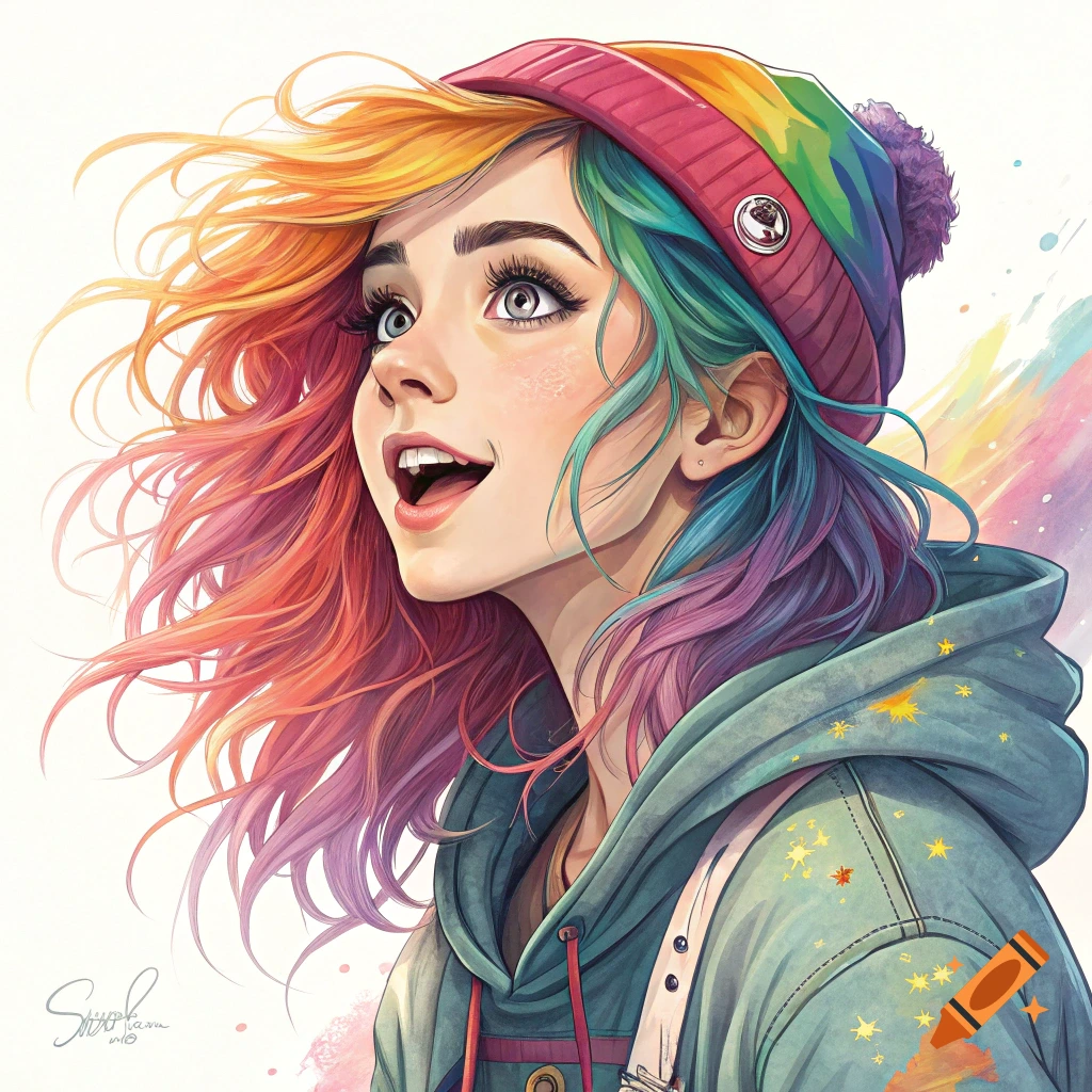 Stylized anime portrait of a girl with rainbow hair and hat, looking up and smiling.