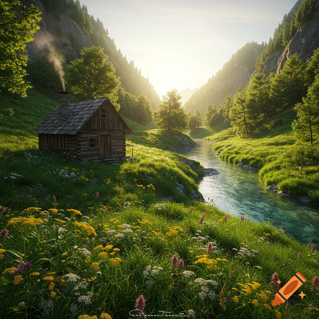 A log cabin in a sunny mountain valley next to a river with wildflowers.