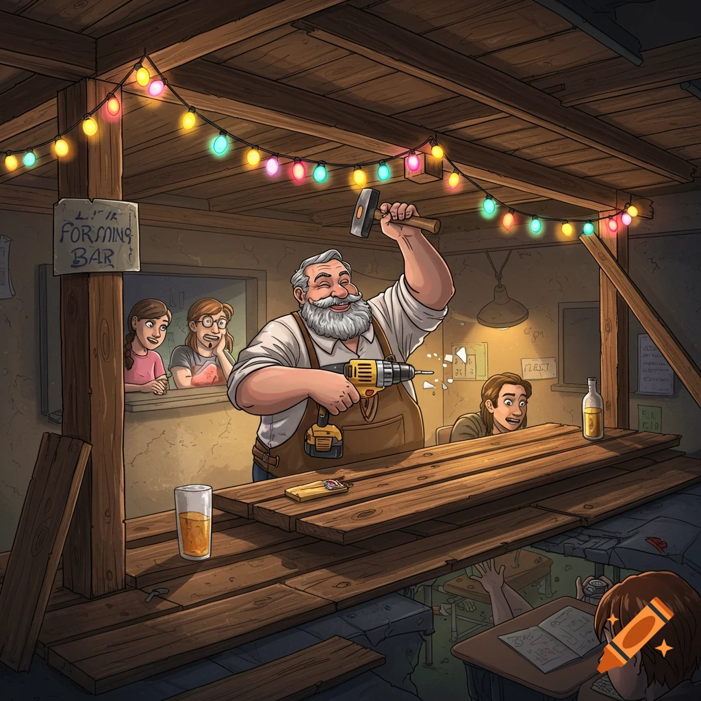 Illustration of a bearded man building a wooden structure with a drill and hammer, watched by people, in a room with string lights.