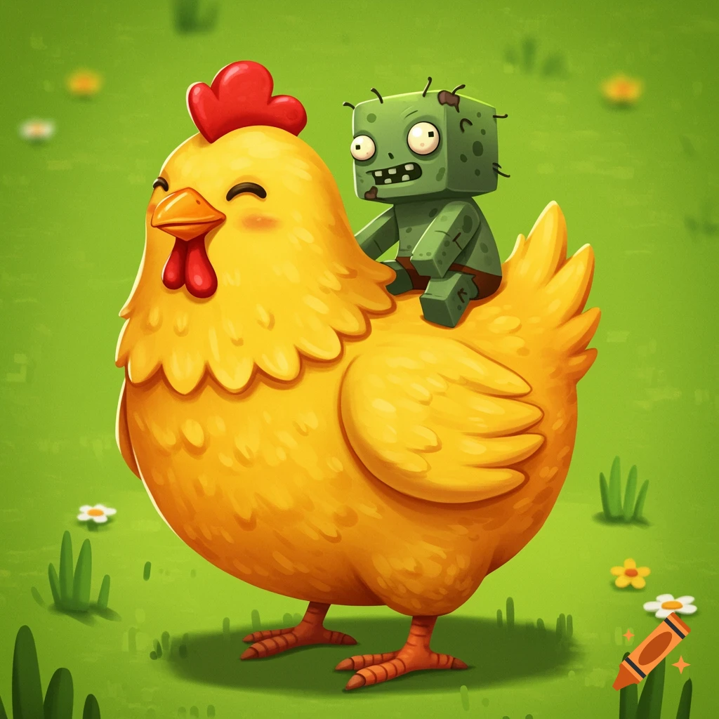 Cartoon of a yellow chicken with a blocky green zombie riding on its back in a meadow.