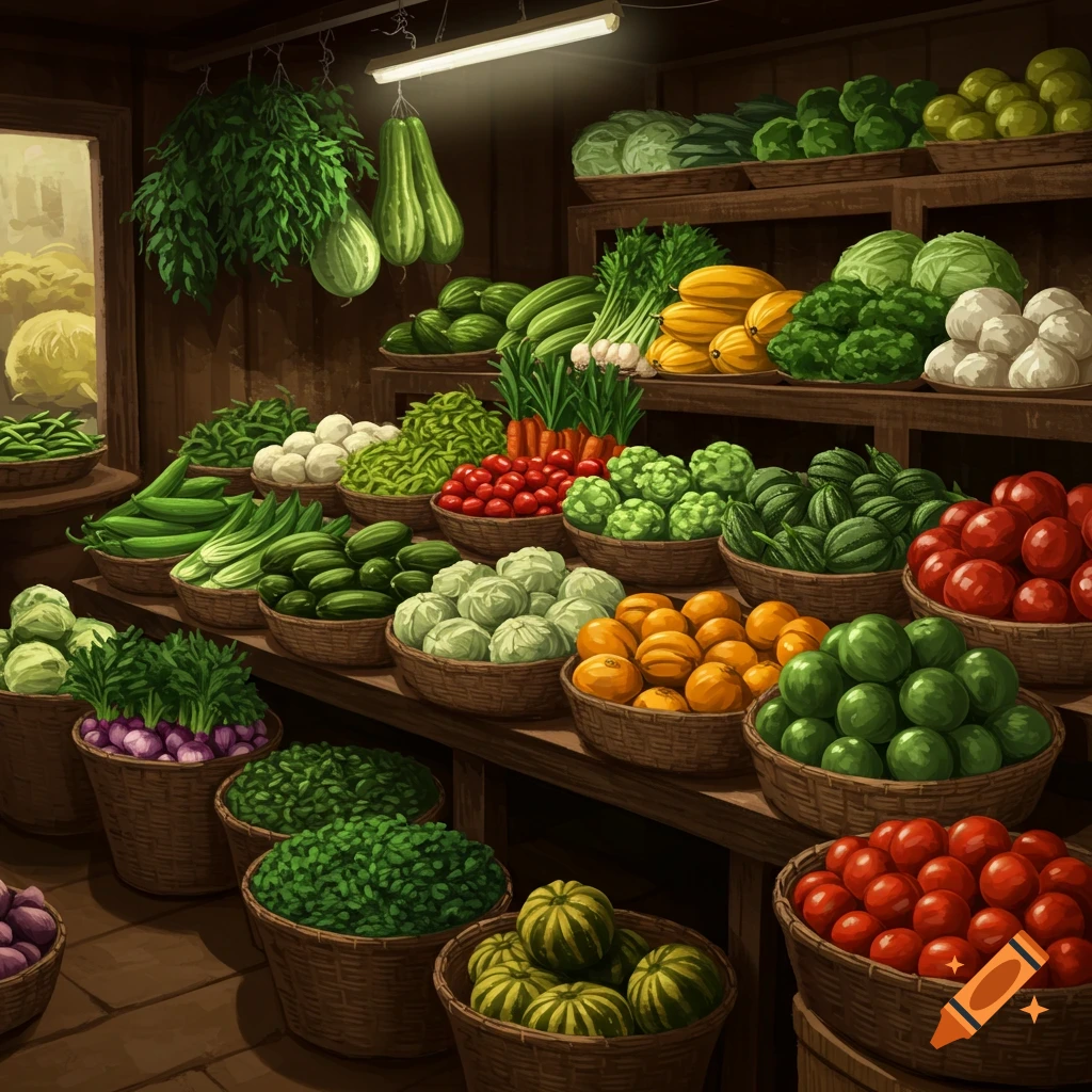 A grocery store display filled with baskets of various vegetables and fruits.