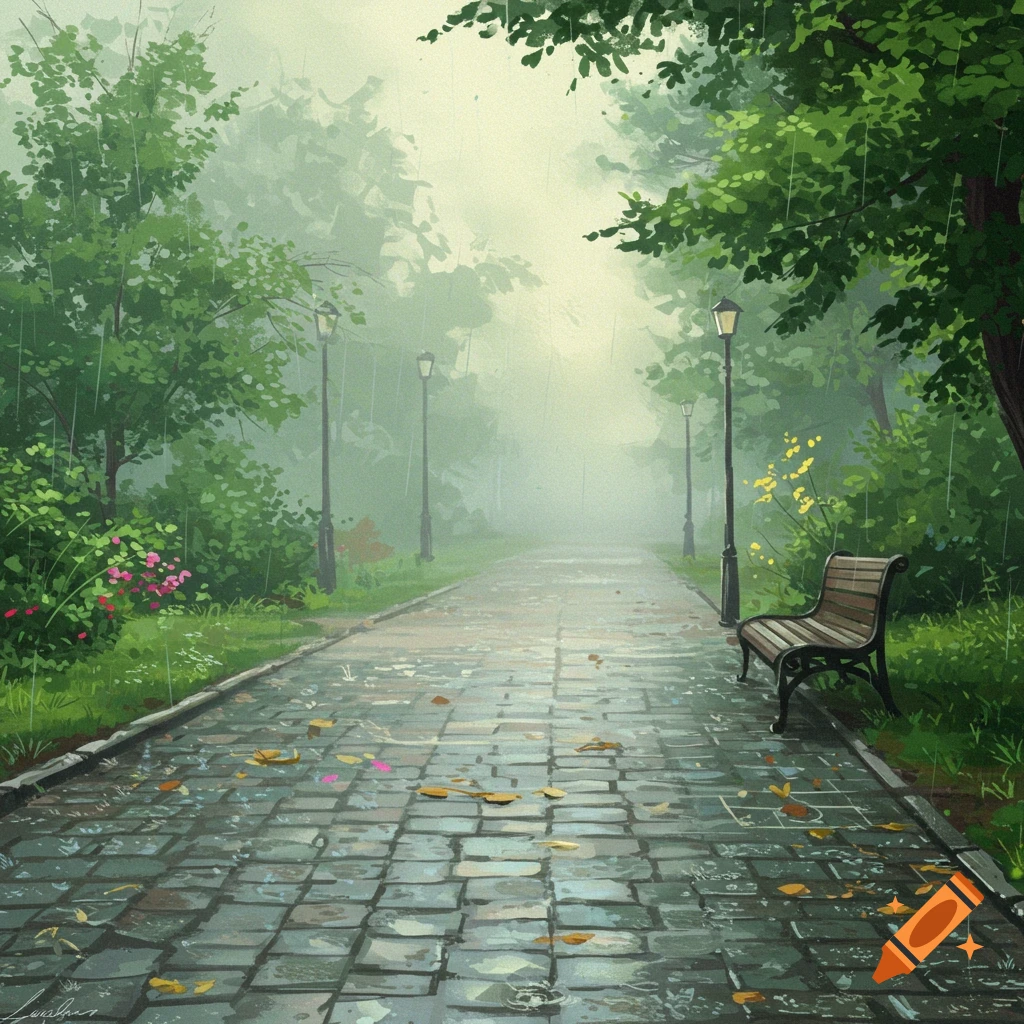A rainy park path with a bench and trees in the fog