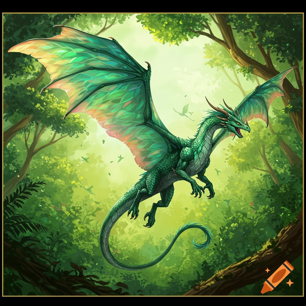 A green fantasy dragon flies through a lush forest.