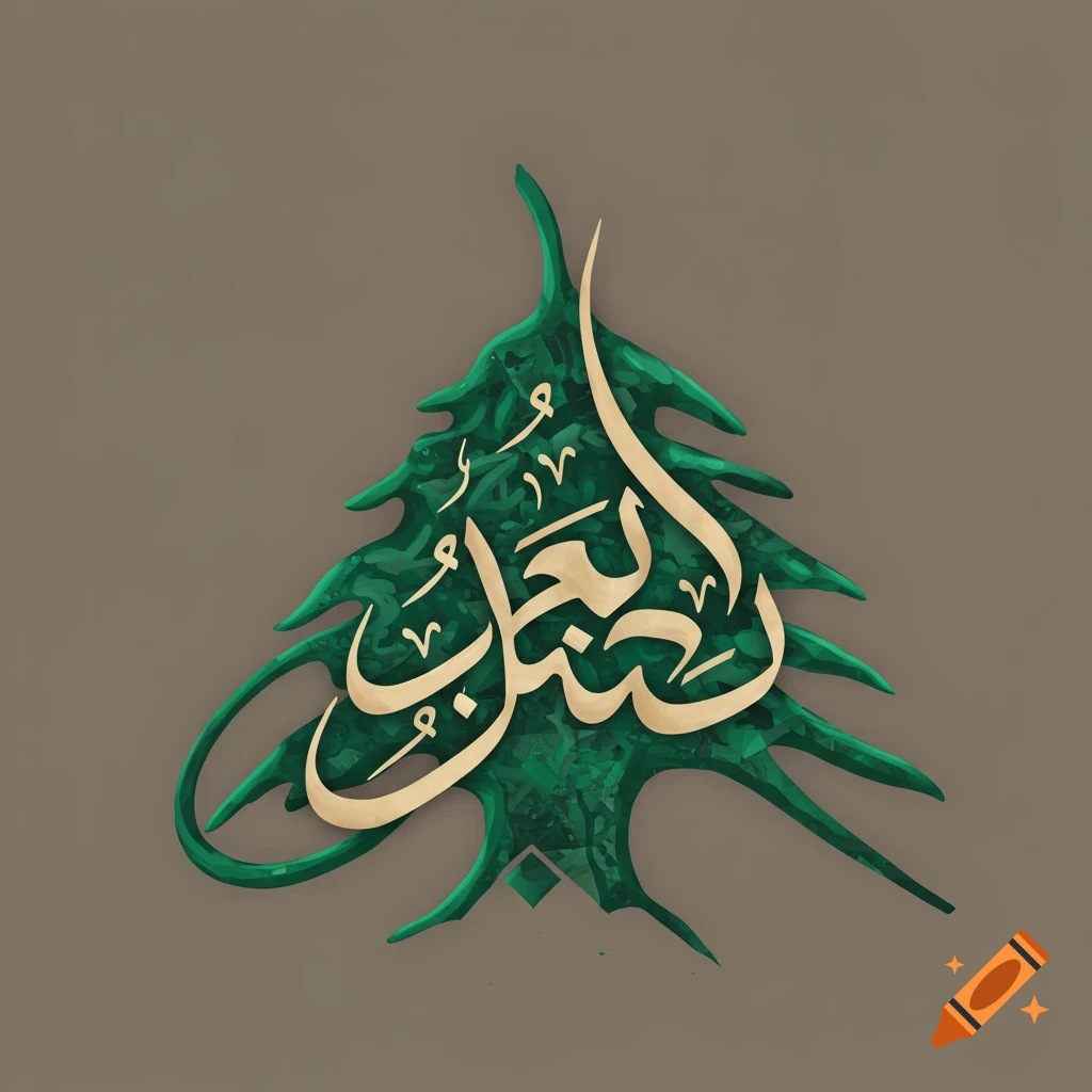 Arabic calligraphy of 'Al-Arz' on a stylized green cedar tree shape, digital art.