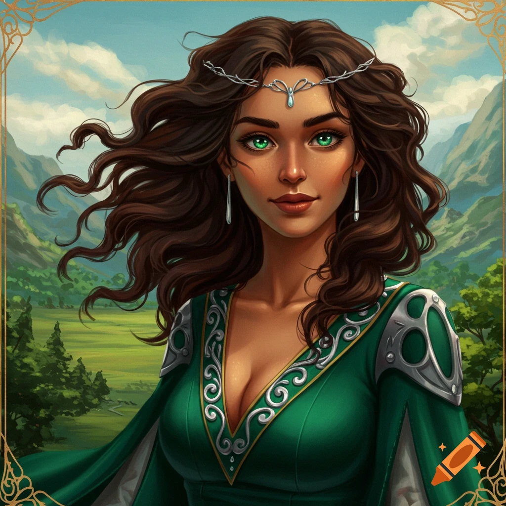 A woman with striking green eyes, adorned in a flowing fantasy dress, stands posed against a majestic backdrop of towering mountains.