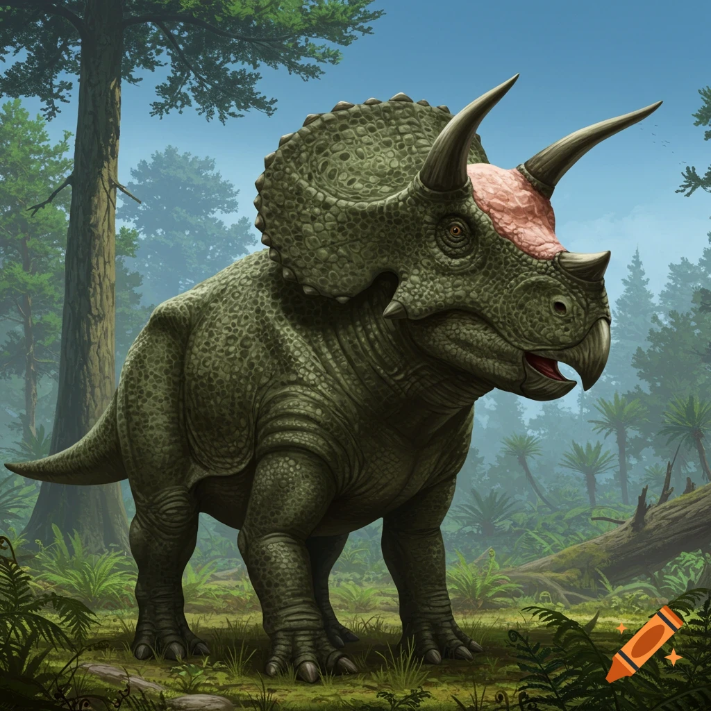 A detailed depiction of a Triceratops standing in a lush forest.