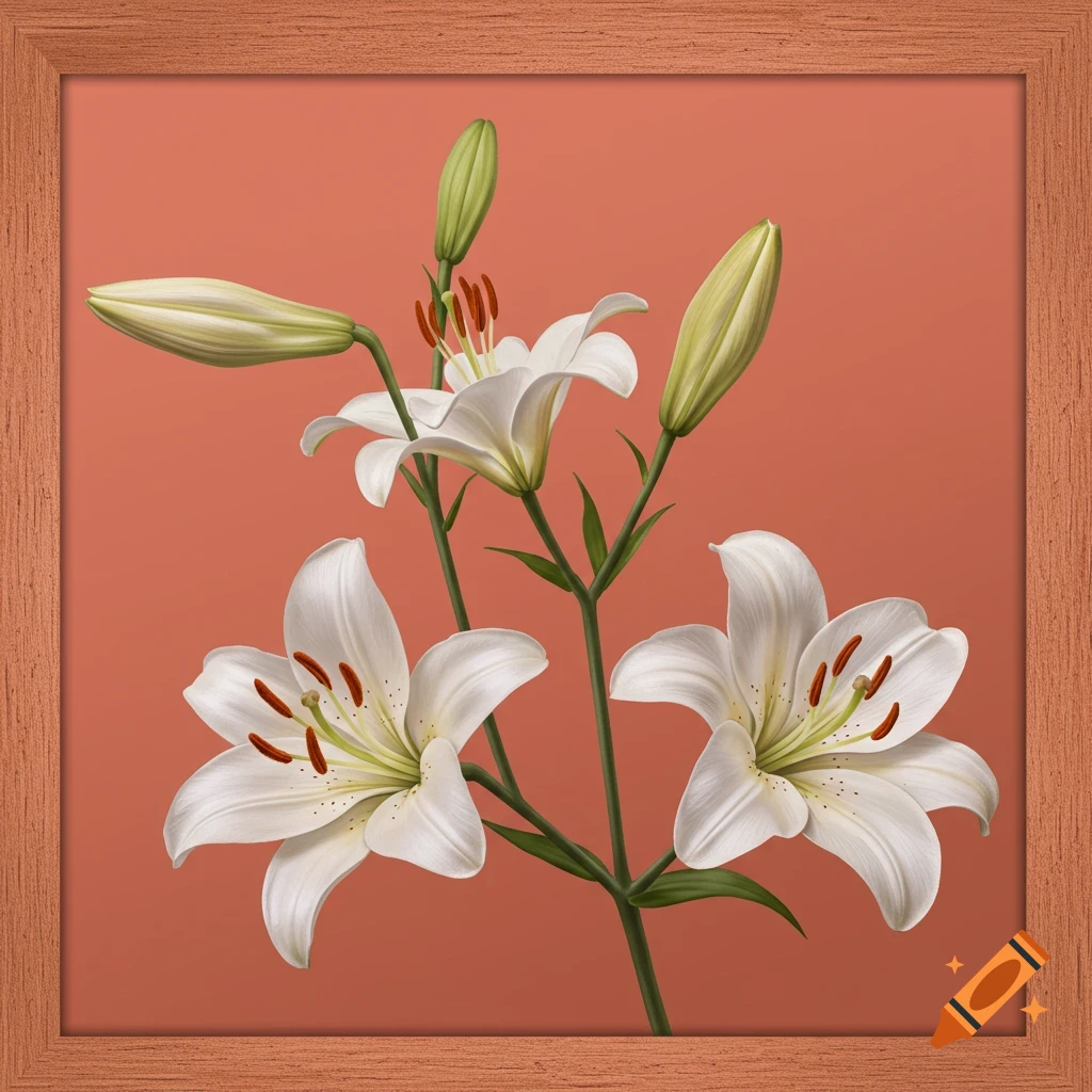White lilies with buds on a salmon background, framed in wood.