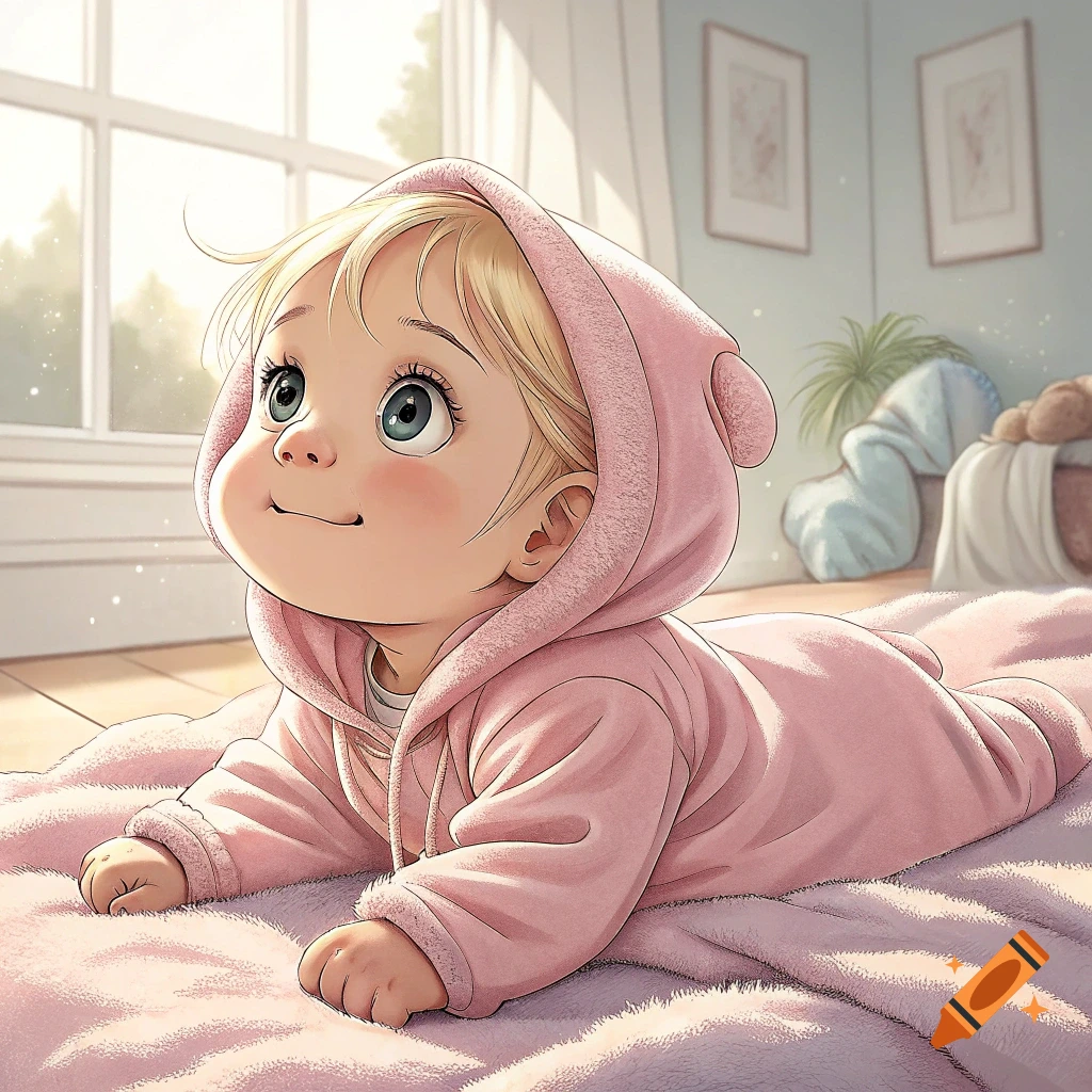 A cute baby in a pink hooded suit lies on a pink blanket in a sunny room, looking up.