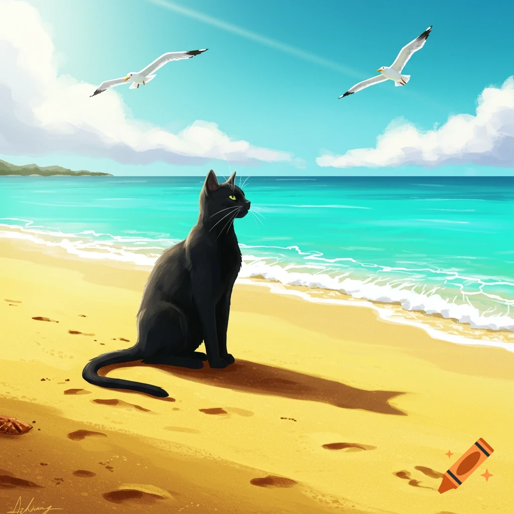 A black cat sits on a sunny beach, looking at the ocean as seagulls fly overhead.