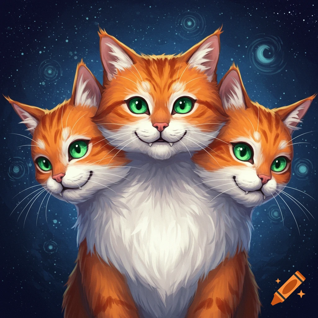 A three-headed orange cat against a starry background.