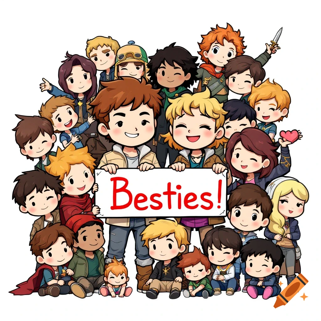 A large group of chibi characters in fantasy style holding a sign that says Besties!