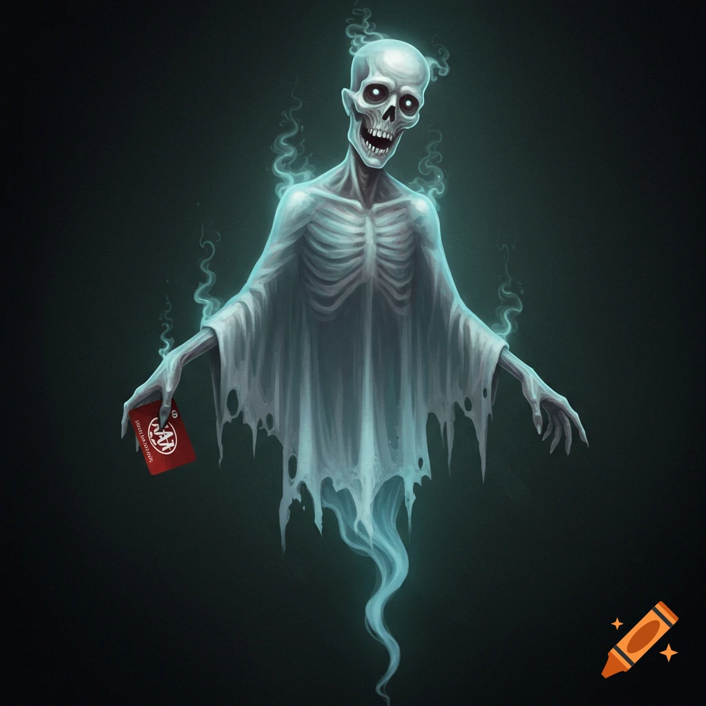 Scary skeletal ghost holding a red card with a logo