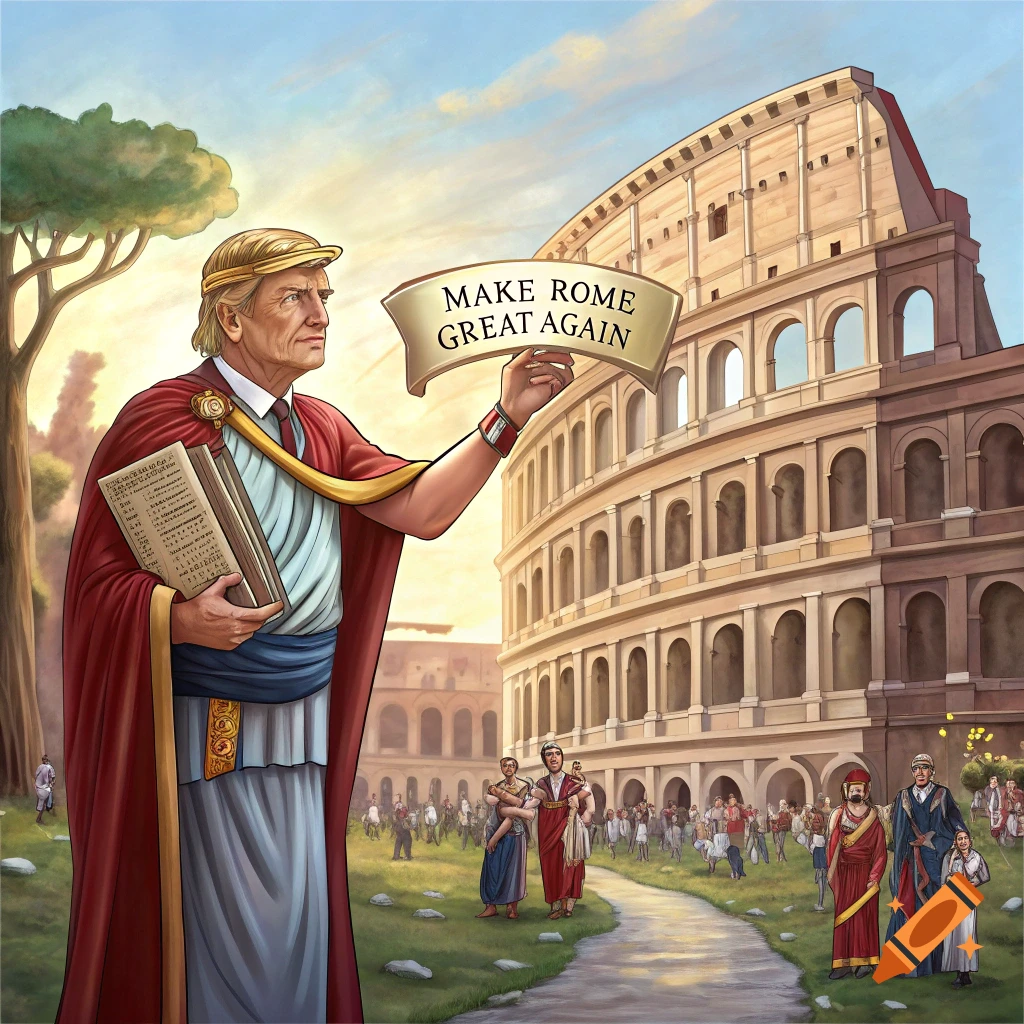 Illustration of Trump in Roman attire holding 'MAKE ROME GREAT AGAIN' banner at Colosseum