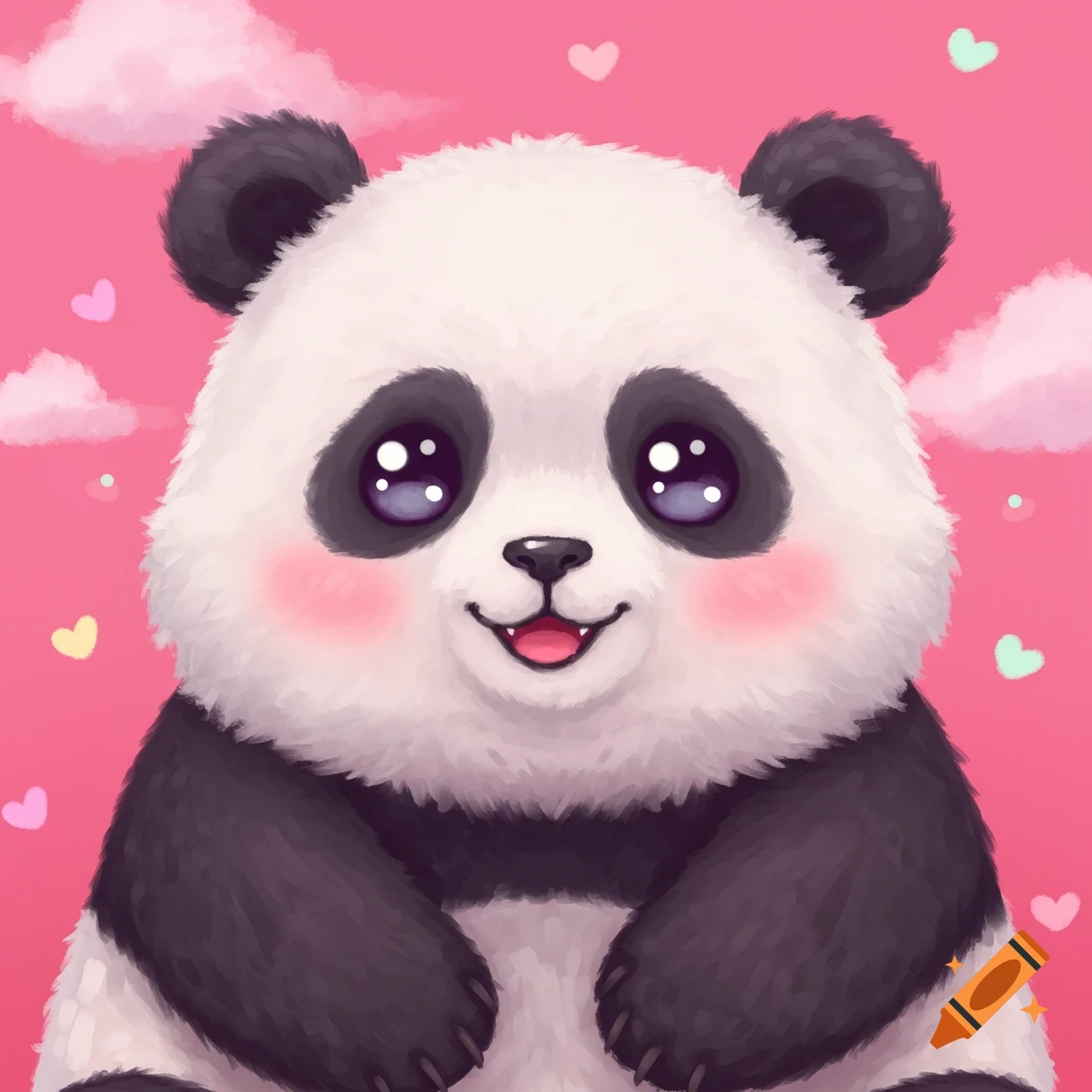 Kawaii close-up of a smiling panda face with pink cheeks against a pink background with hearts.