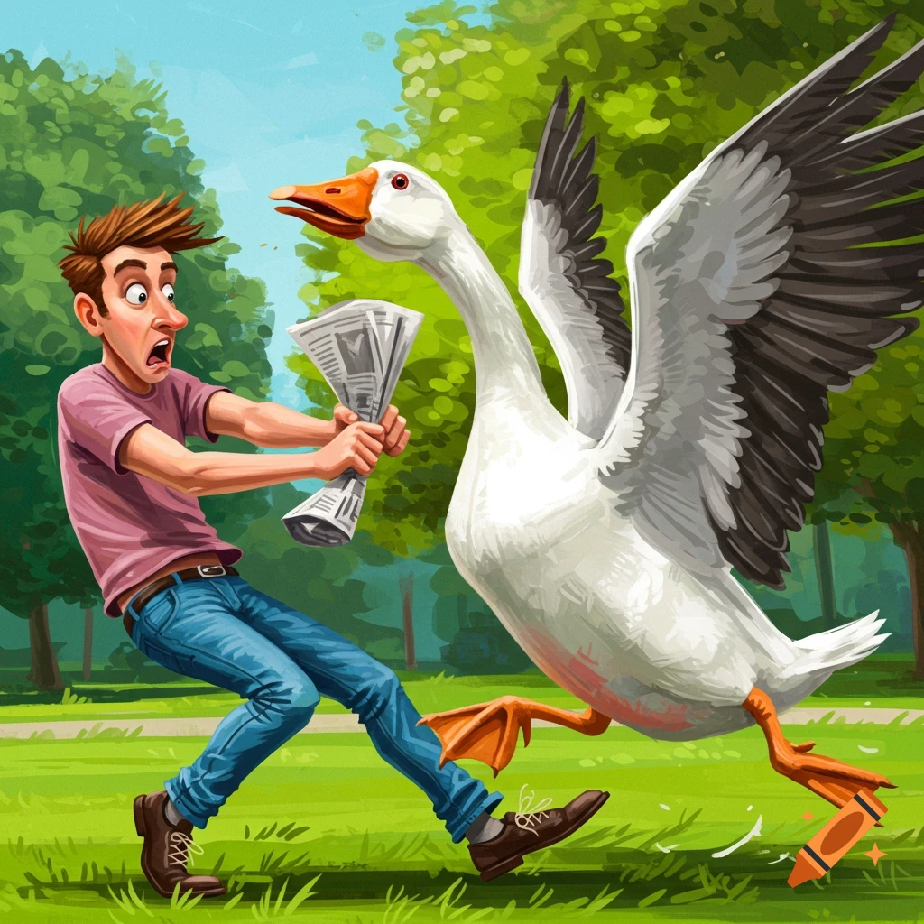 Cartoon illustration of a scared man fighting a large goose with a rolled-up newspaper in a park.