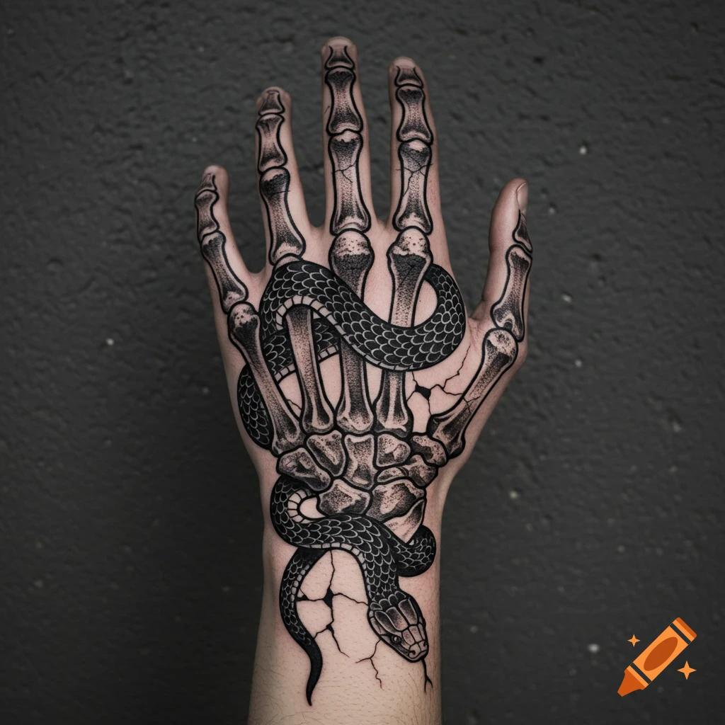 Blackwork tattoo of a skeleton hand with a snake wrapped around it.