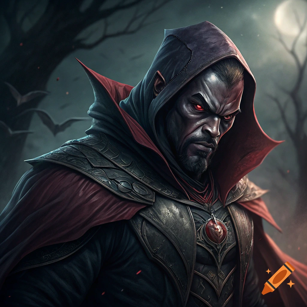 Portrait of a dark-skinned fantasy villain with red eyes, hood, and armor, in a dark forest.