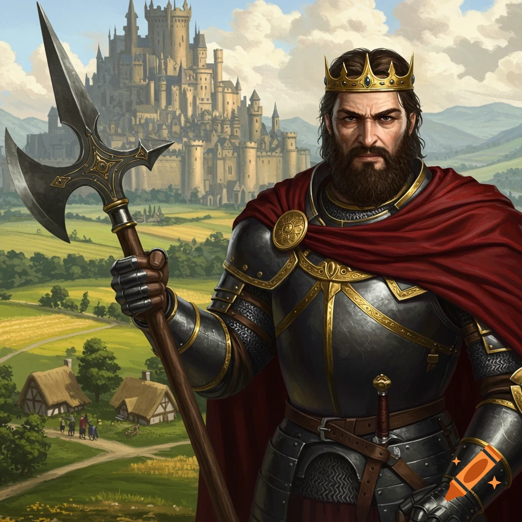 A king in armor holding a halberd, standing before a castle and landscape.