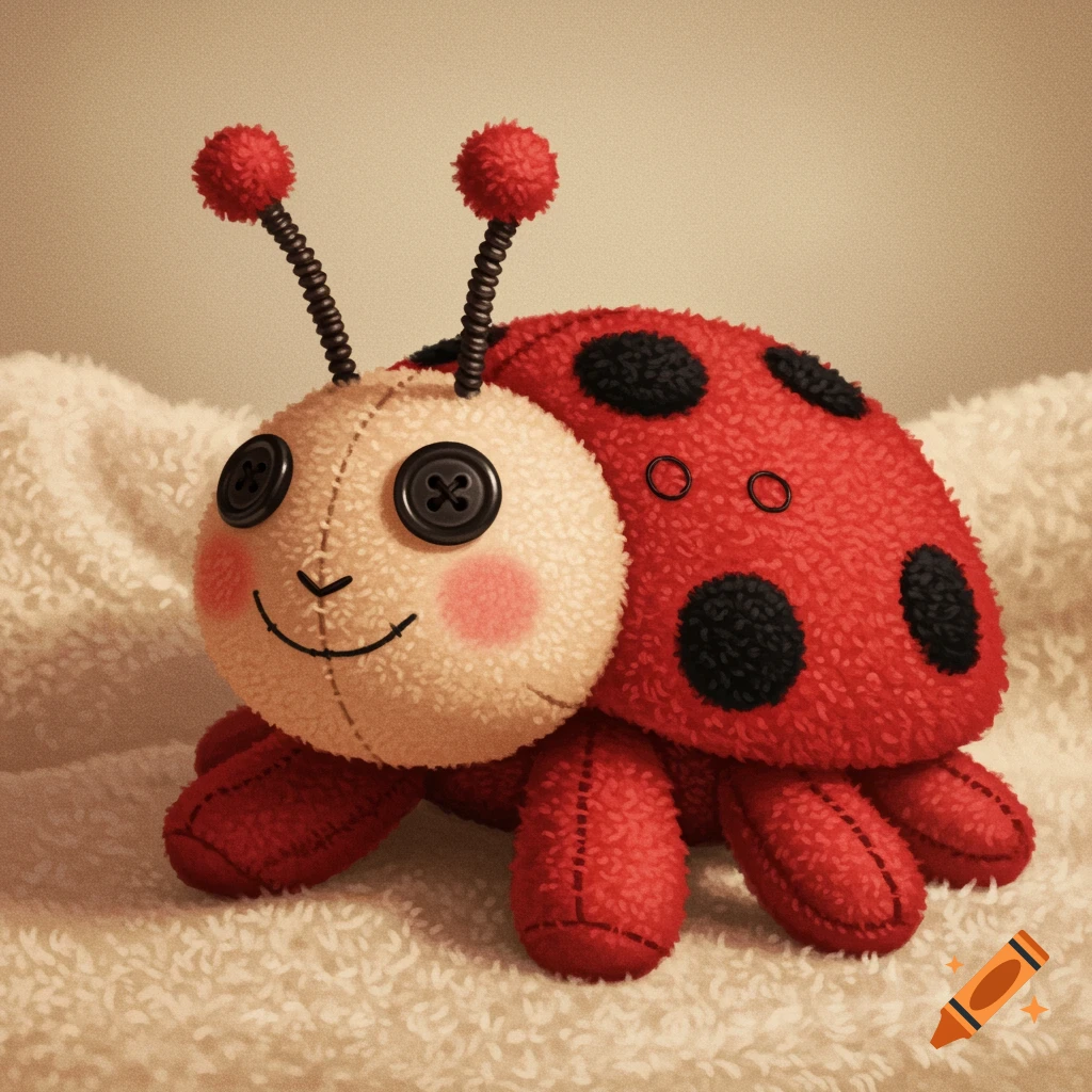 A red ladybug stuffed animal with button eyes sits on a cream blanket.