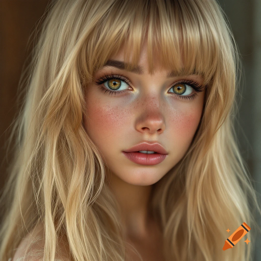 Close-up realistic portrait of a young girl with blond hair, short bangs, hazel eyes, freckles, and blush.