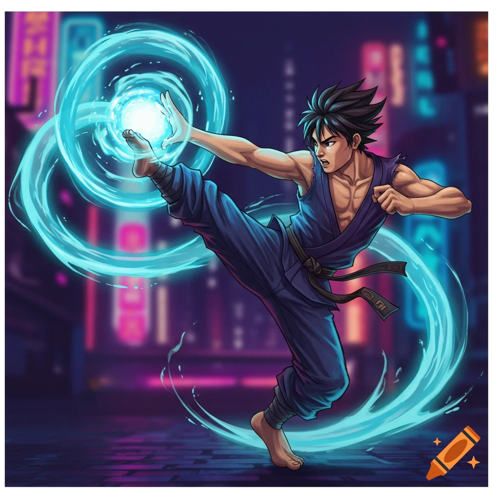 A man in a gi does a high kick while generating blue energy in a cityscape.