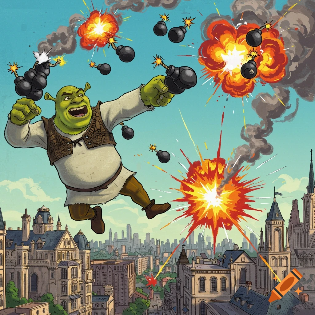 Cartoon Shrek flies above a city, dropping bombs and causing explosions.