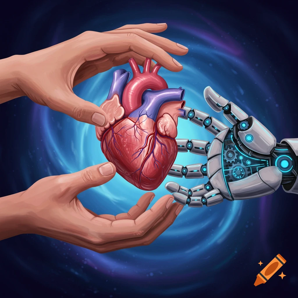 A human hand and a robot hand gently hold a human heart against a swirling blue background.