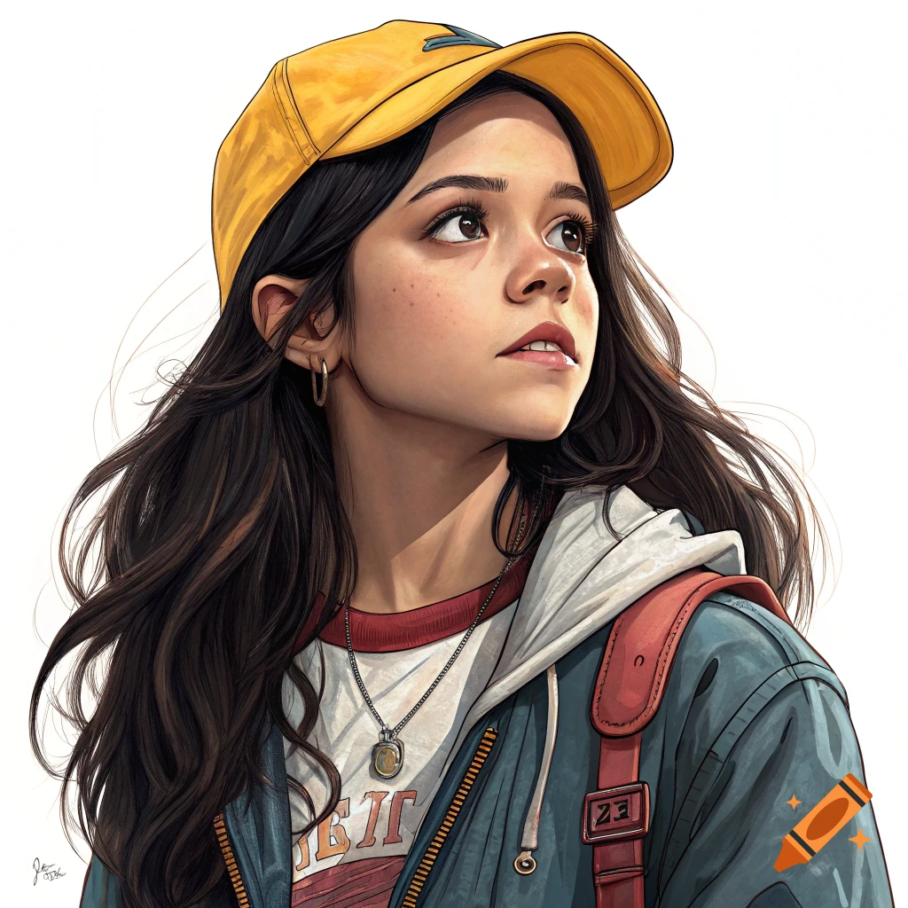 Illustration of a young woman with long dark hair, wearing a yellow cap, jacket, and t-shirt, looking up.