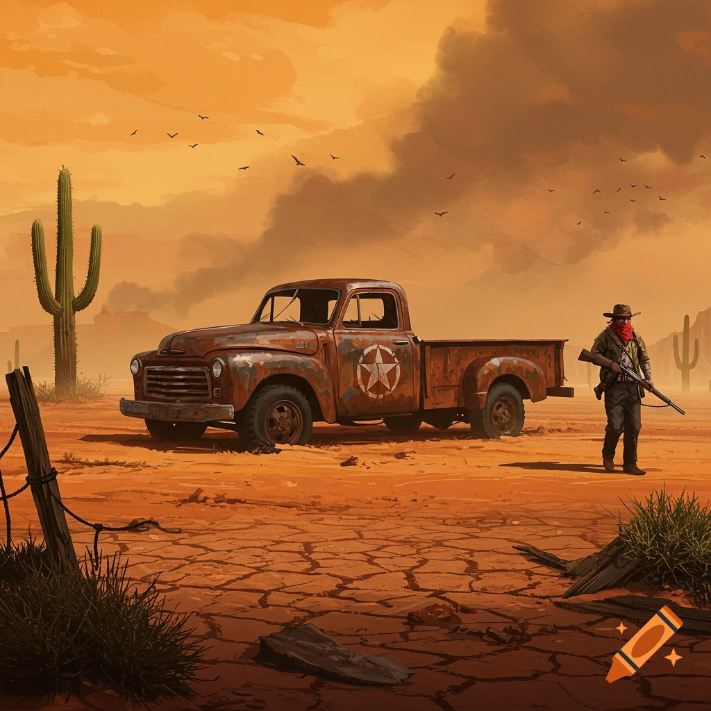 A man with a rifle stands next to a rusted pickup truck in a cracked, dry desert landscape with cacti under an orange sky.