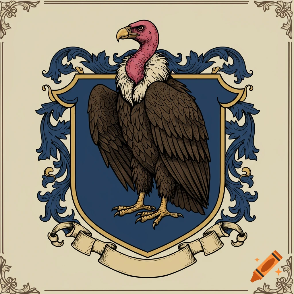 A heraldic crest featuring a vulture on a shield with decorative elements and a blank banner below.