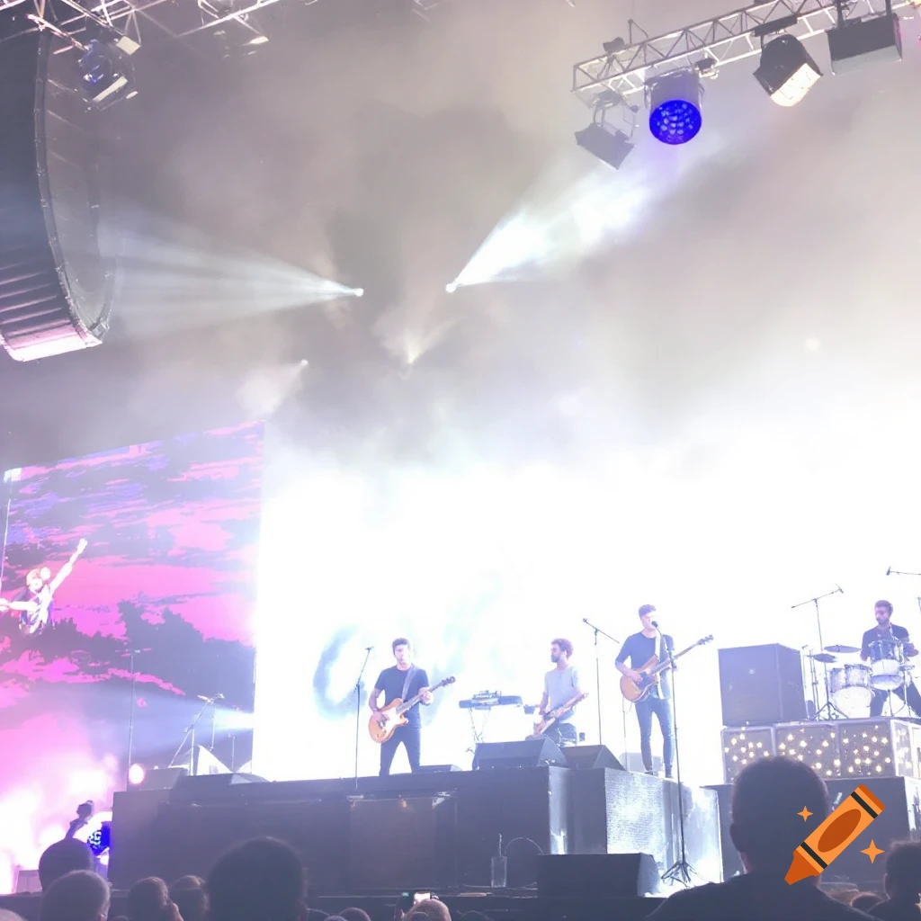 A band performs on a brightly lit stage during a concert with screens and spotlights.