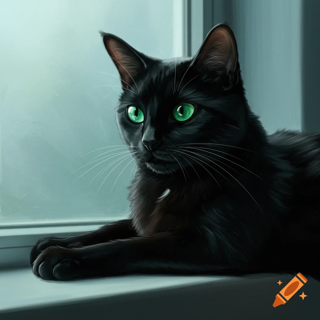 A black cat with green eyes lying on a window ledge