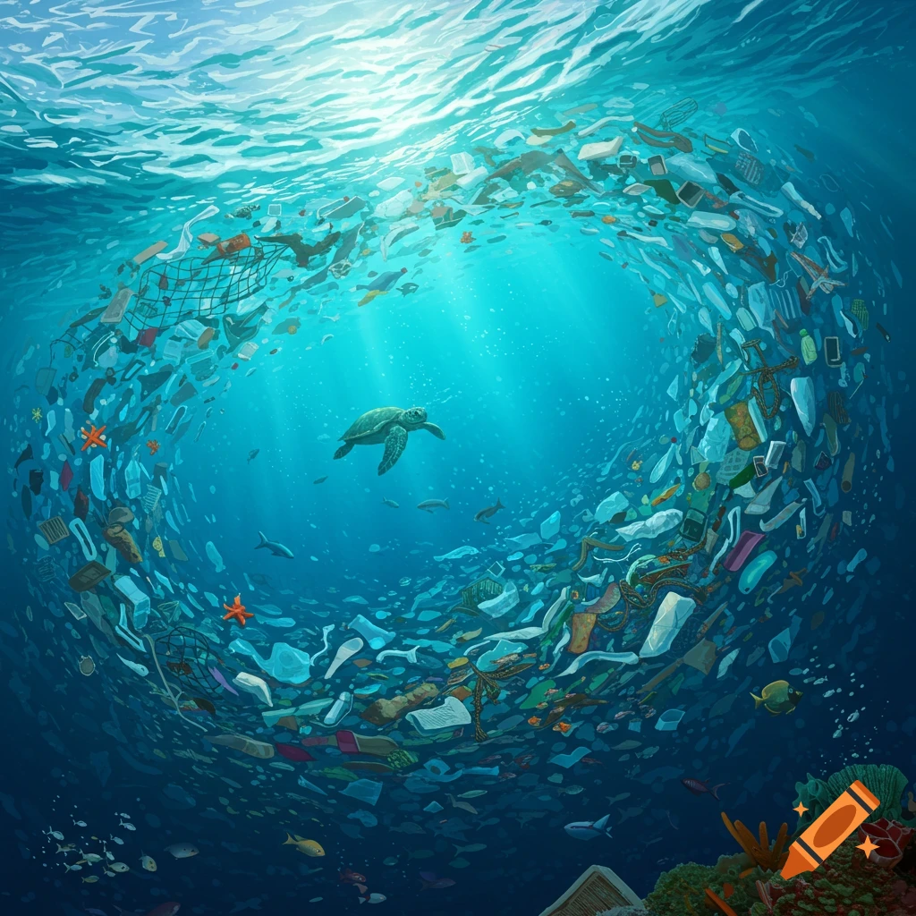 A sea turtle swims through a swirling vortex of plastic trash in a bright blue ocean.