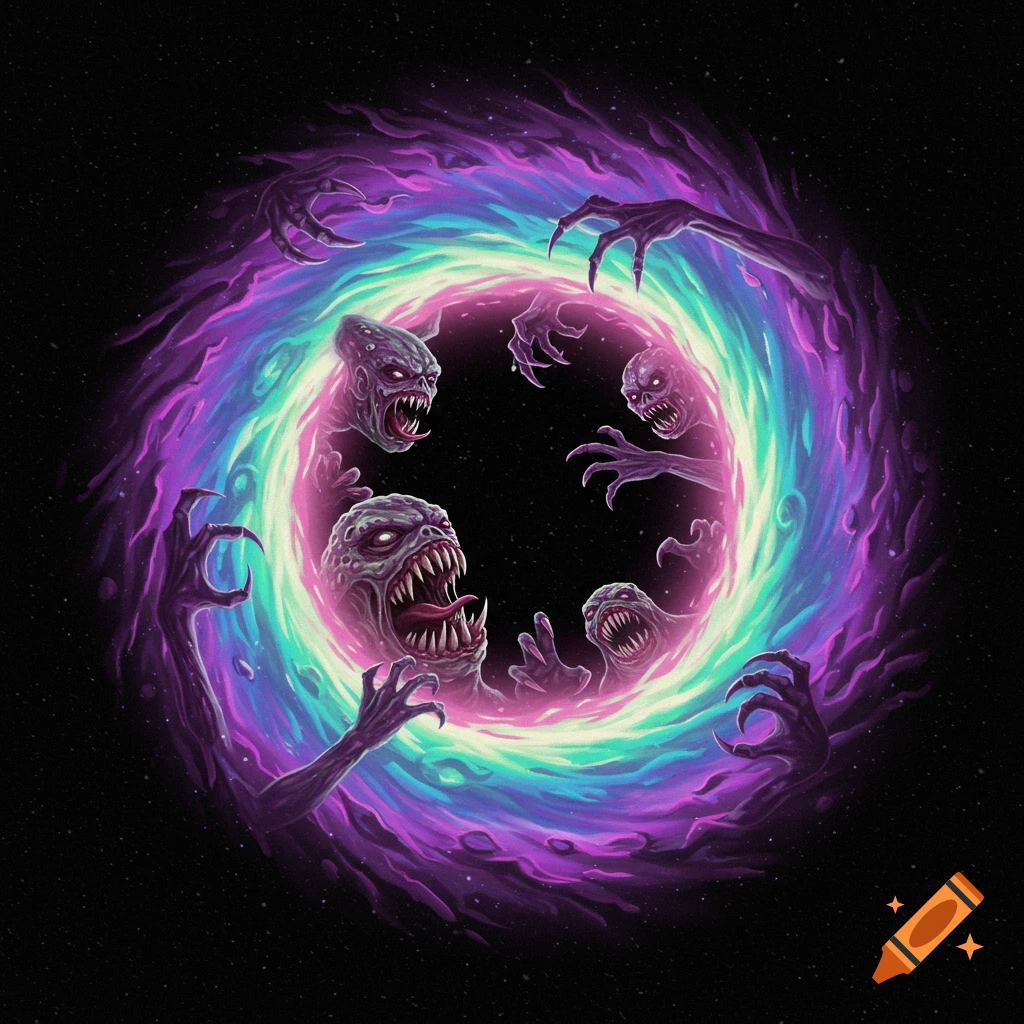 Monsters with claws reaching from a swirling colorful portal in space.