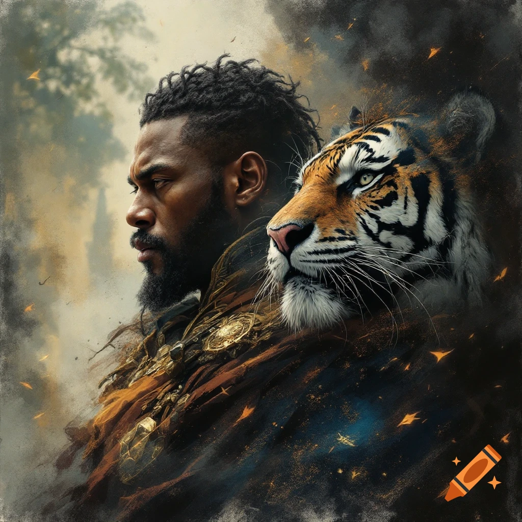 A man and a tiger side-by-side in a dramatic, fantasy style.