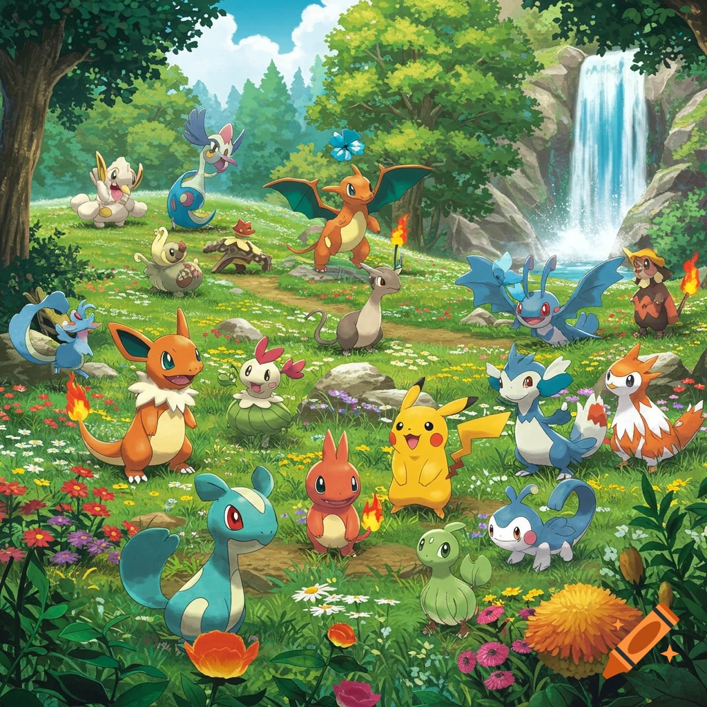 Various Pokemon characters including Pikachu, Charmander, Vaporeon, and Eevee in a vibrant forest meadow with a waterfall.