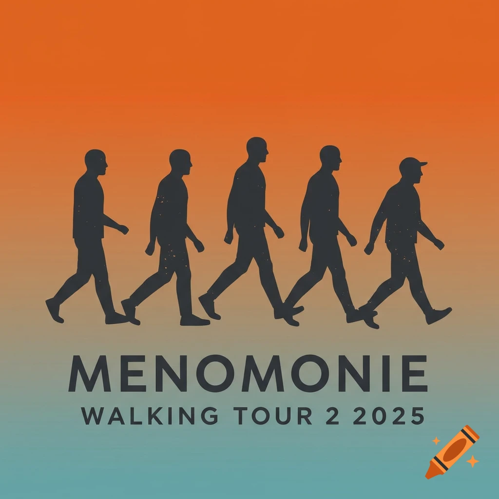 Graphic logo with silhouettes of five people walking across an orange and blue gradient background, text below reads 'MENOMONIE WALKING TOUR 2 2025'