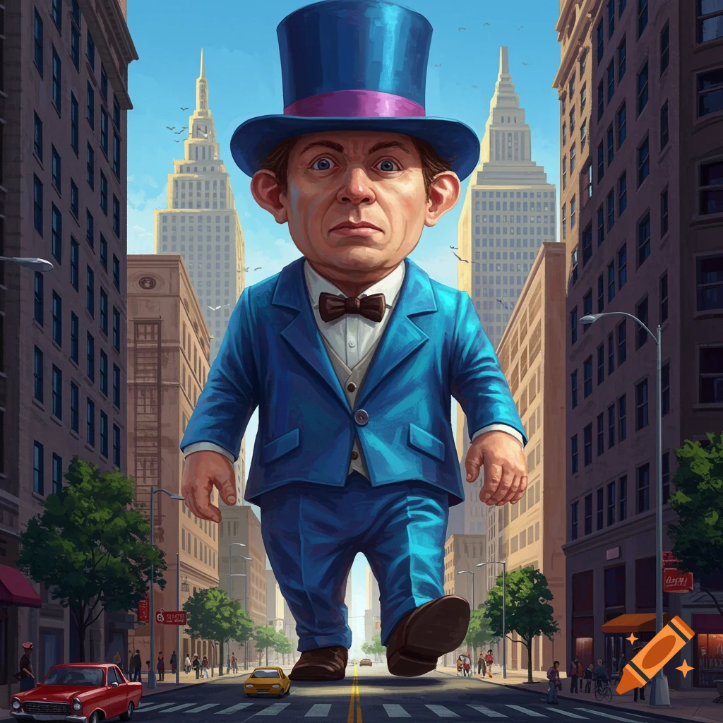 A giant figure with a large head and small limbs, wearing a blue suit and top hat, walks down a city street dwarfing cars and buildings.
