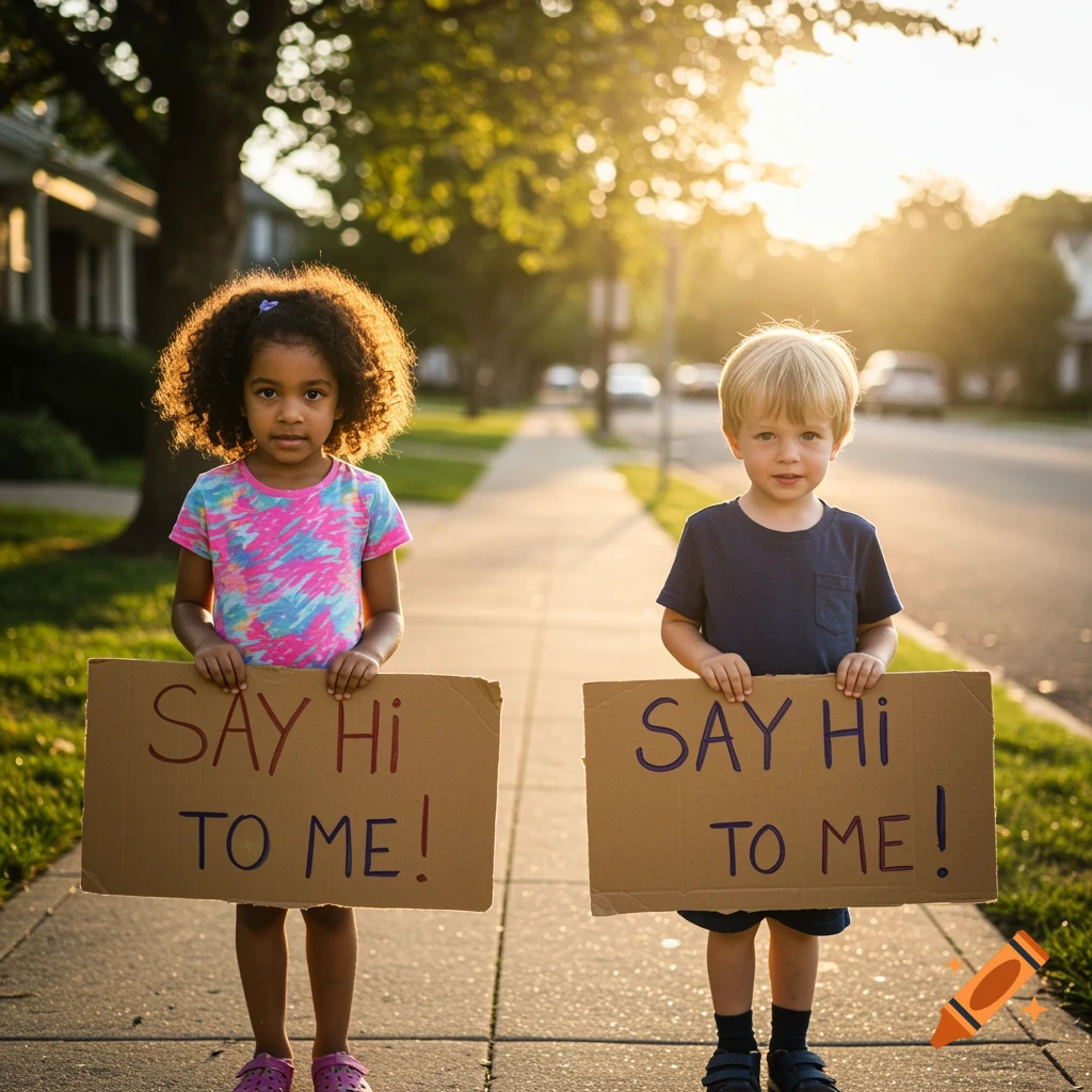 Two young children hold cardboard signs saying 'Say hi to me!' on a sunny sidewalk in a residential neighborhood.