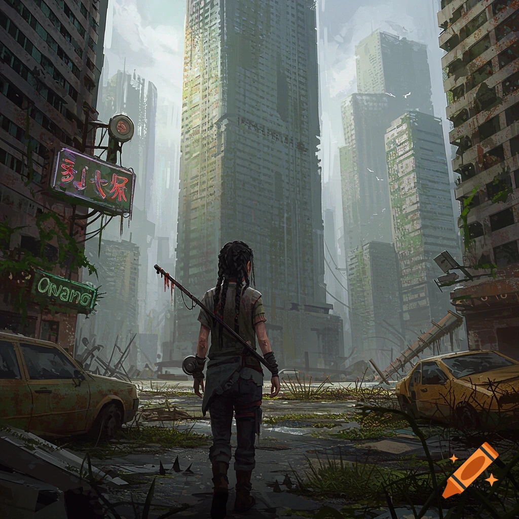 A person stands in a ruined, overgrown post-apocalyptic city street ...
