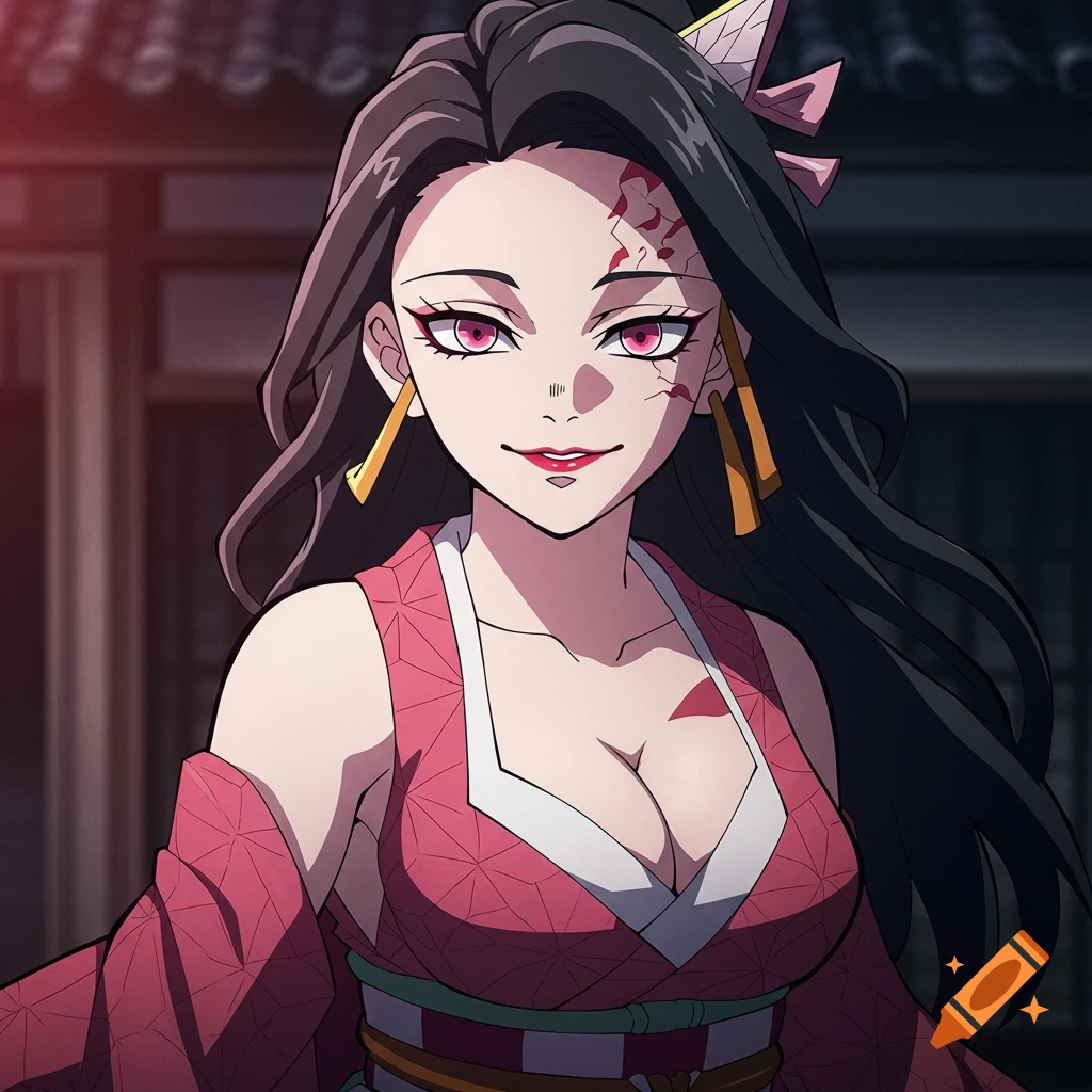 Anime portrait of a woman with dark hair and red eyes wearing a pink patterned kimono, with red markings on her face.