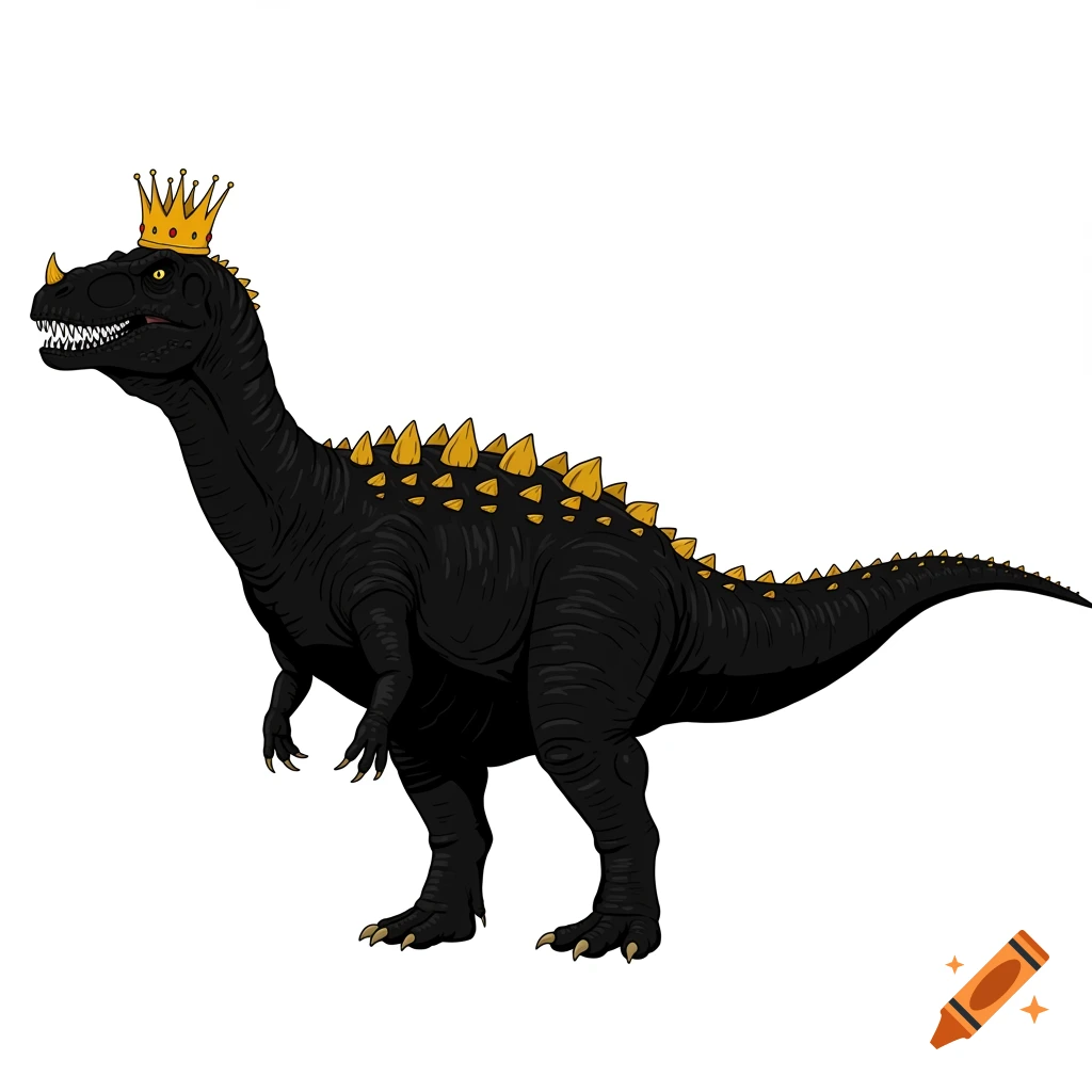 Cartoon black dinosaur with yellow spikes and a gold crown standing on a white background.