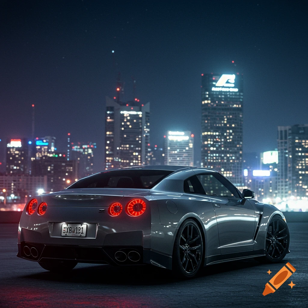 Rear view of a gray Nissan GT-R parked at night with a lit city skyline in the background.