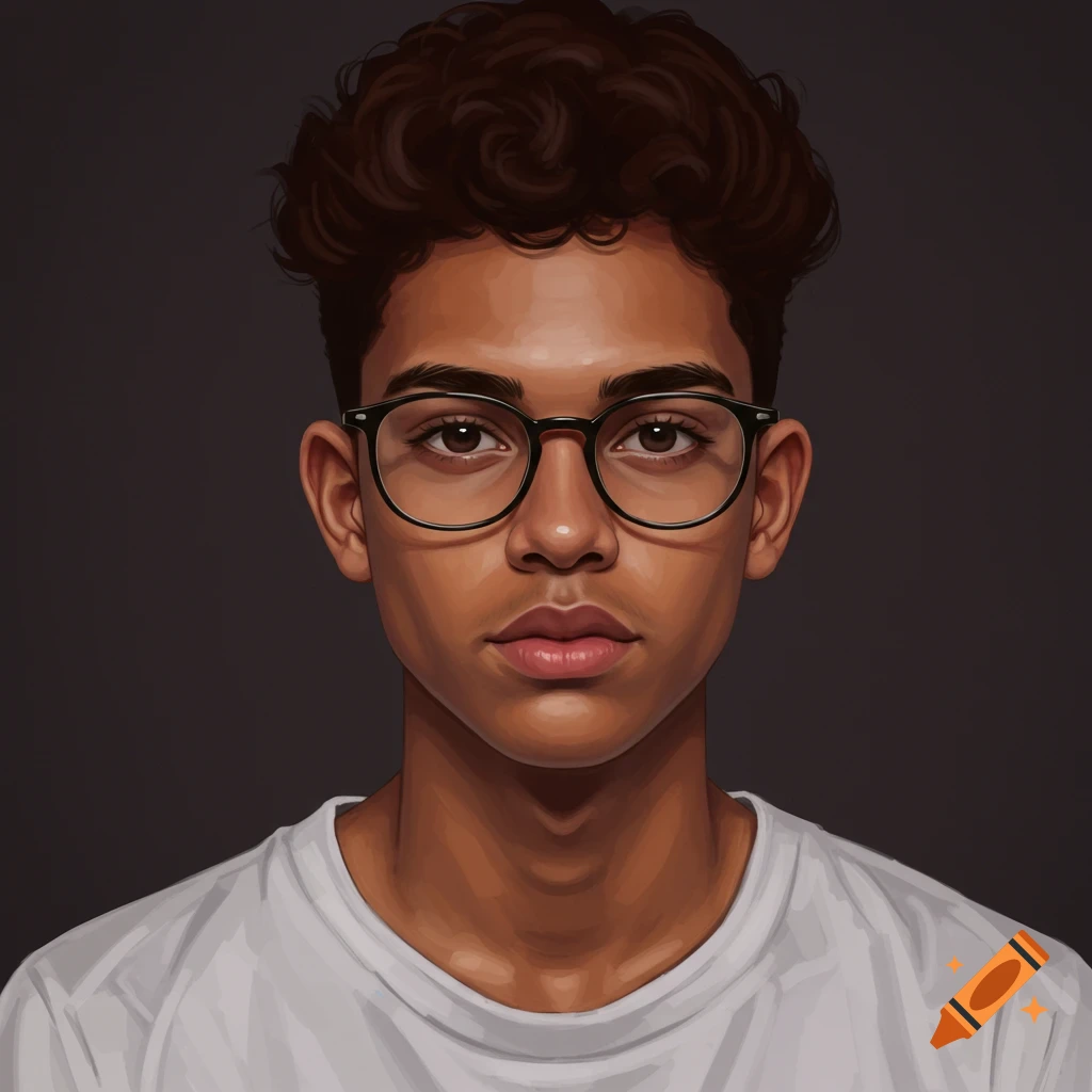 A portrait of a young man with dark skin, glasses, and curly brown hair.