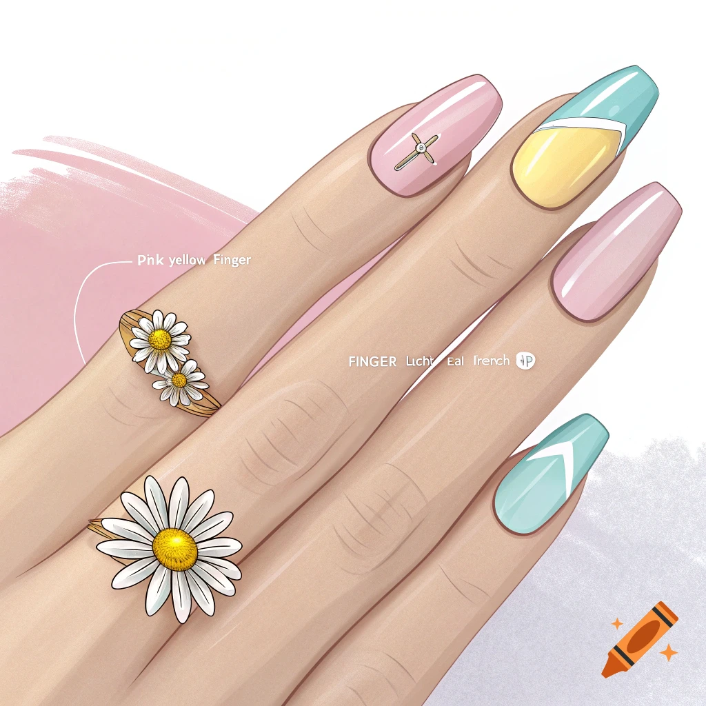 Illustration of a hand with colorful painted nails and daisy rings