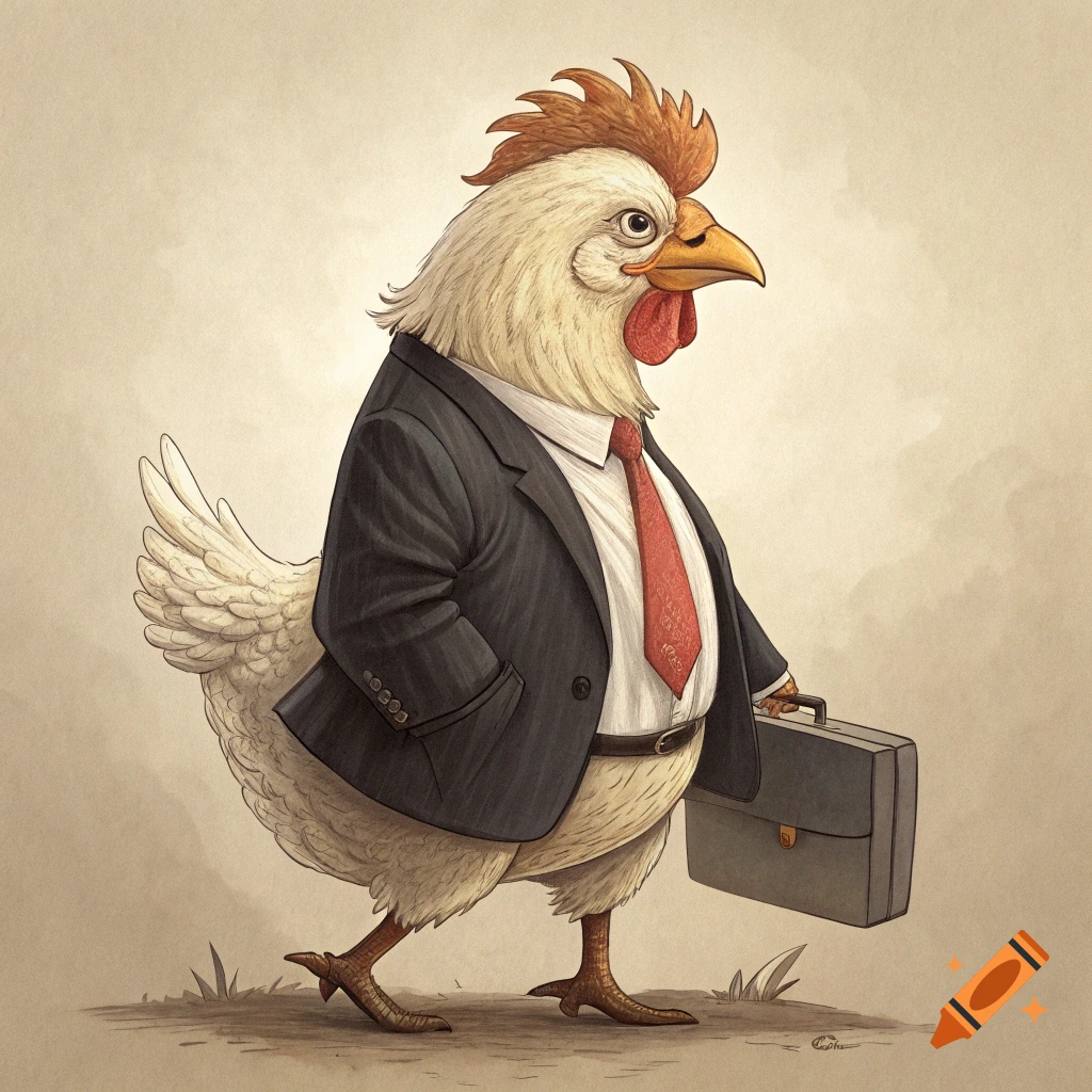 Illustrative image of a chicken wearing a suit and red tie, carrying a briefcase.