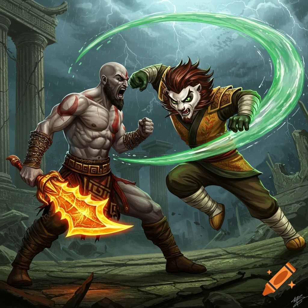 Kratos fighting Kai in ruined ancient Greek temple under stormy sky.